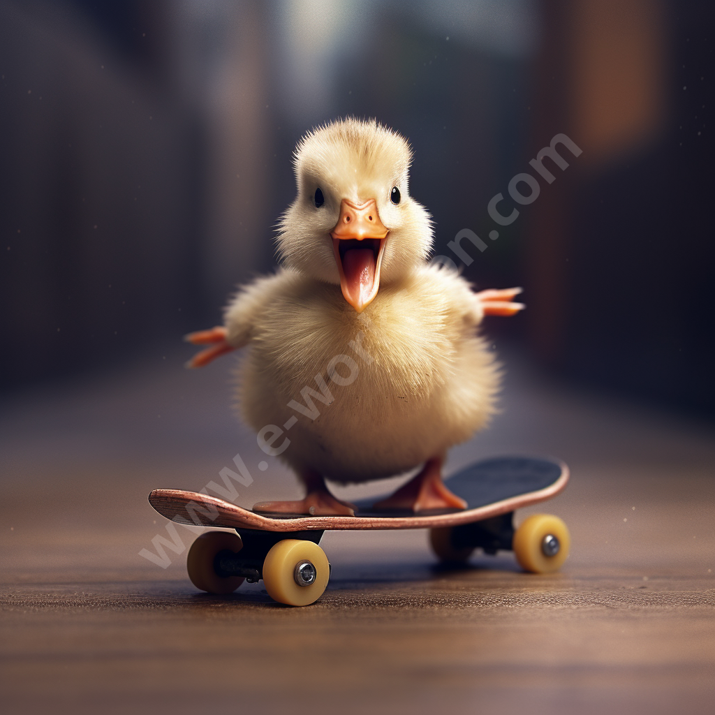 E-works-on - poussin sur un mini skateboard